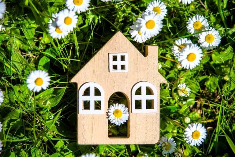 Wooden house depicted in a Spring meadow setting