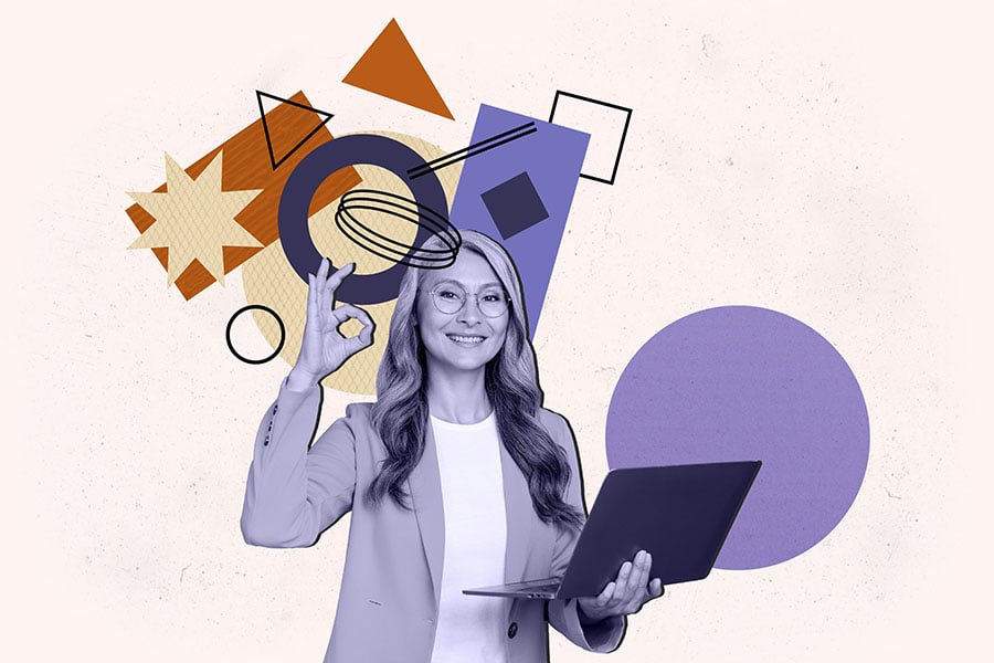 a pop-art collage of a contended looking woman holding a laptop