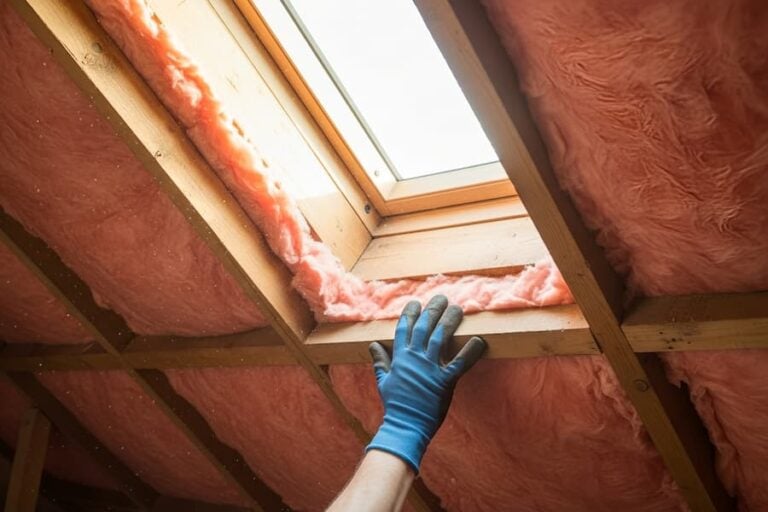 A gloved hand works on installing insulation around a skylight in an attic space