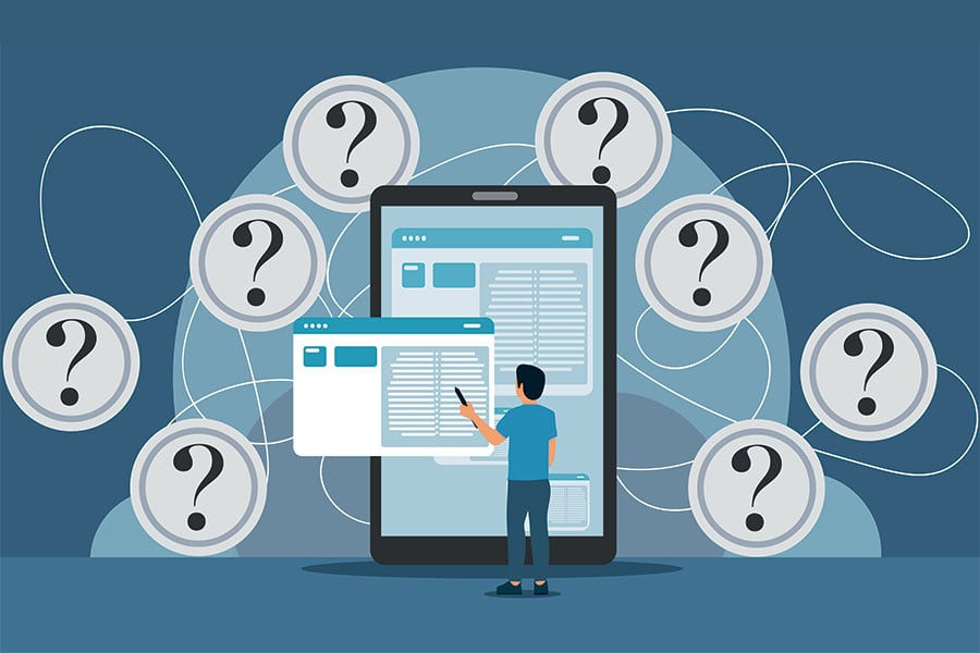 A cartoon graphic of a man standing in front of a large screen with lines of text on it surrounded by question marks