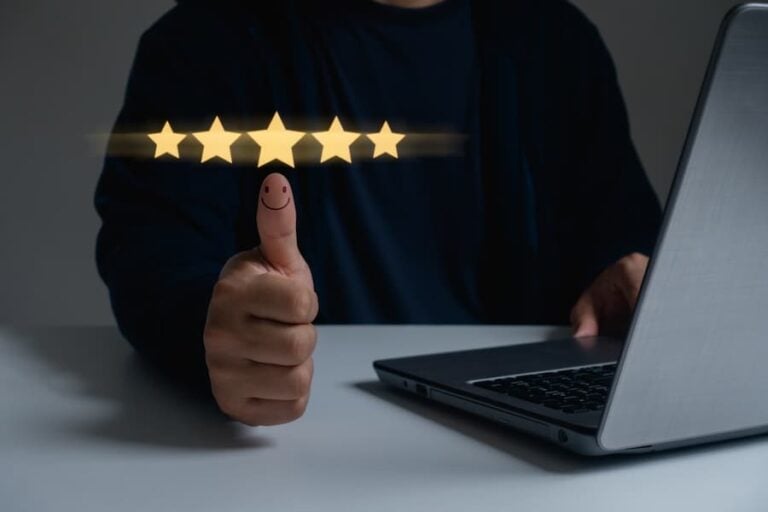 Hand with thumb up Positive emotion smile face icon and five star, review, feedback, recommend