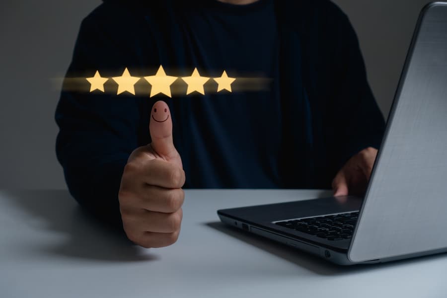 Hand with thumb up Positive emotion smile face icon and five star, review, feedback, recommend