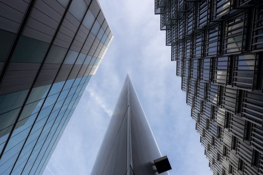 Skyscrapers in London's financial district viewed from below