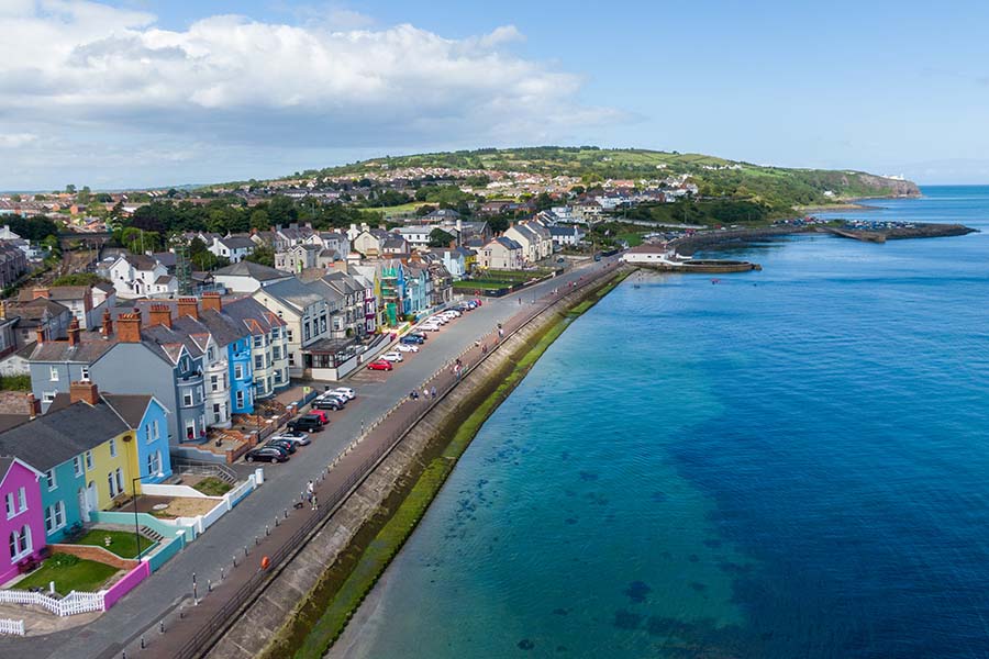 An aerial view of the coastline in Whitehead, Northern Ireland