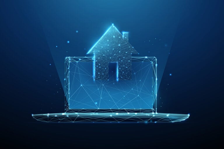 A graphic of a neon laptop and house