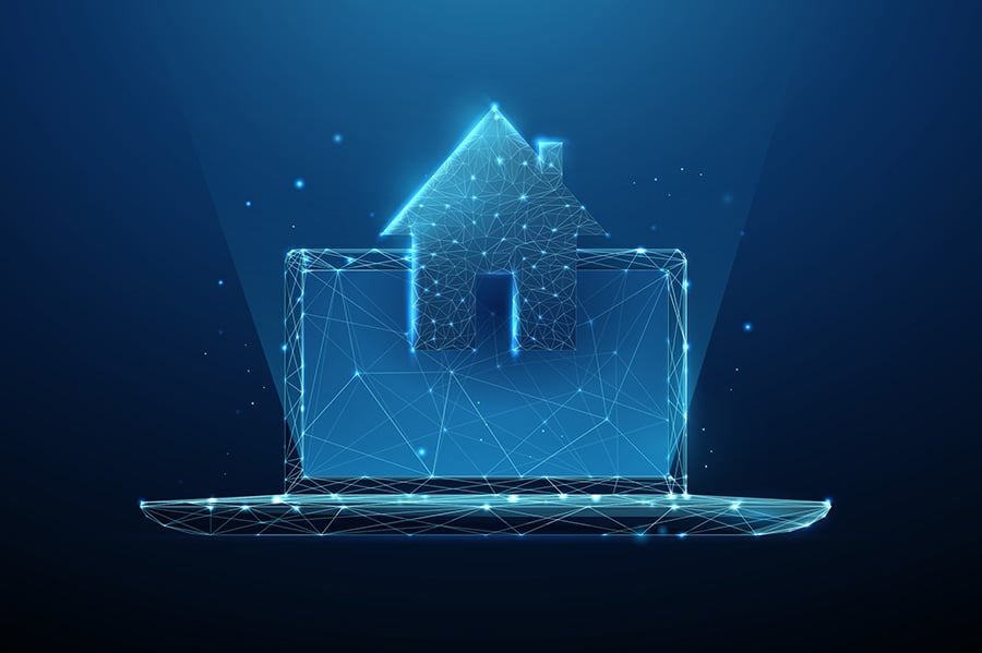 A graphic of a neon laptop and house