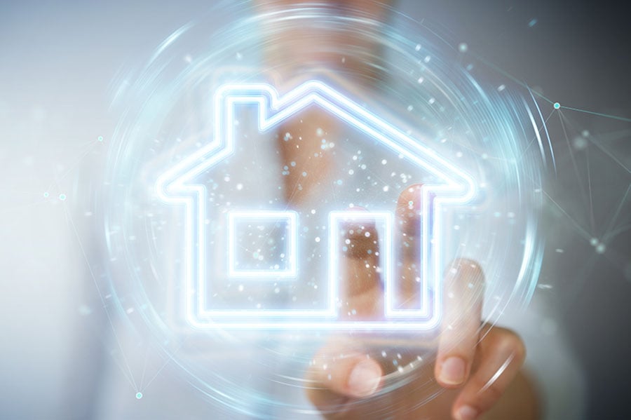 A graphic of a neon house surrounded by swirls of light, with a woman reaching out to touch it in the background