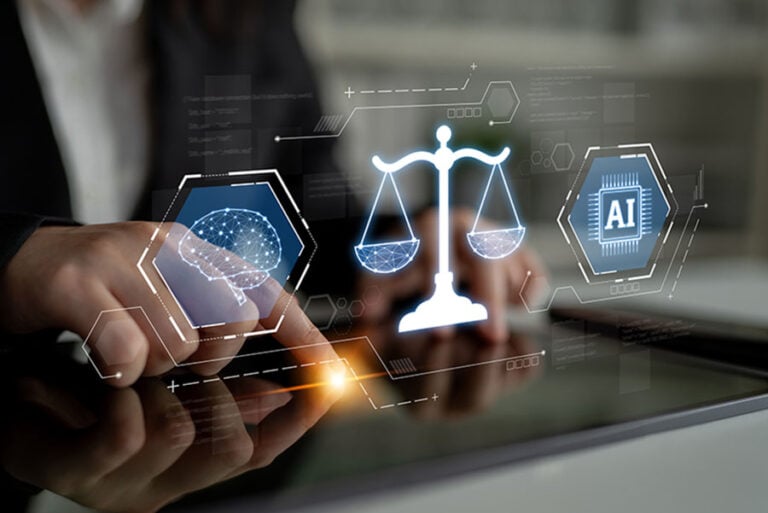 person pressing on screen in formal wear, with an image overlay, drawings of a brain on the left, scales of justice in the middle and 'AI' written on the right of the scales.