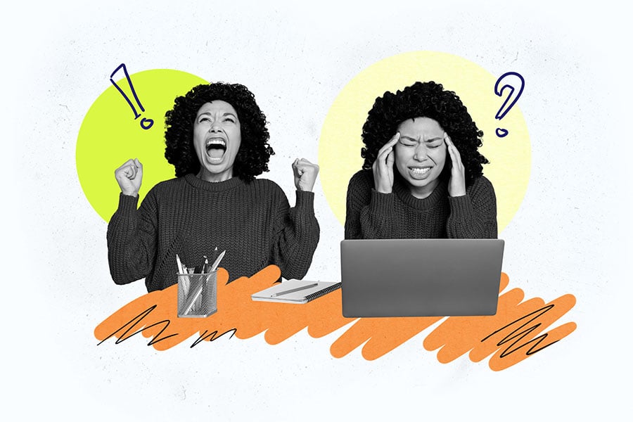 A composite image of an irritated woman sitting at a laptop with questions marks and exclamation marks drawn on the image