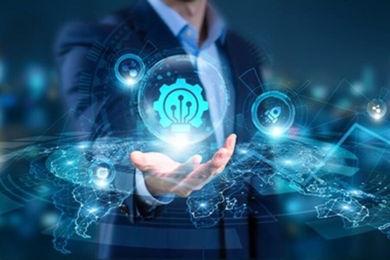 Businessman hand hold of Innovation Technology and global networking
