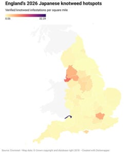 map of england with key hotspots of japanese knotweed