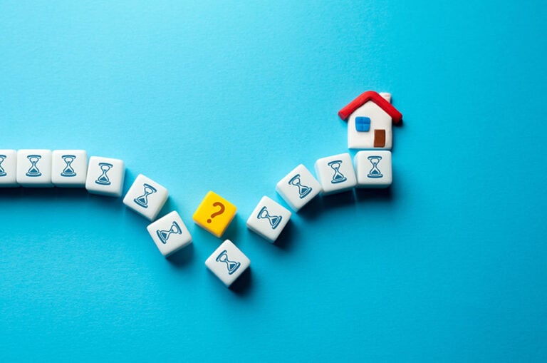 A graphic of a house at the end of a line of blocks with timers on them, with the line broken half way through