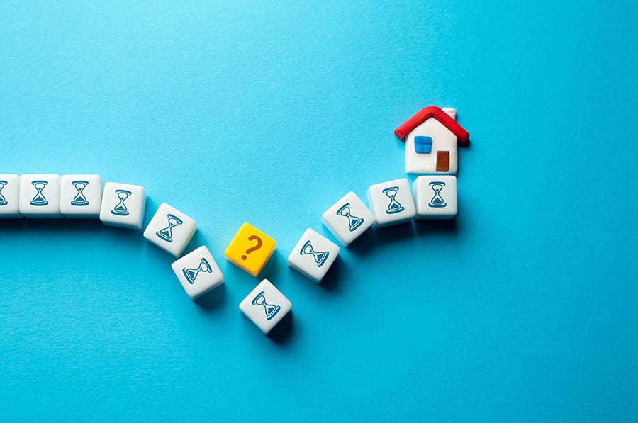 A graphic of a house at the end of a line of blocks with timers on them, with the line broken half way through