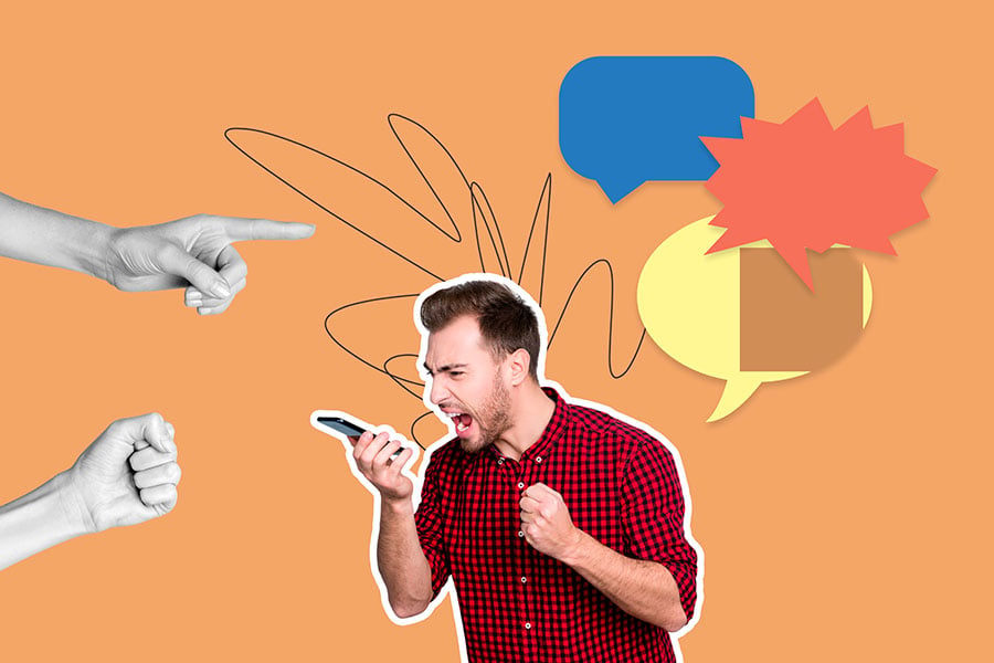 Colourful composite artwork of an angry man shouting into a phone overlaid with fingers pointing at him and speech bubbles