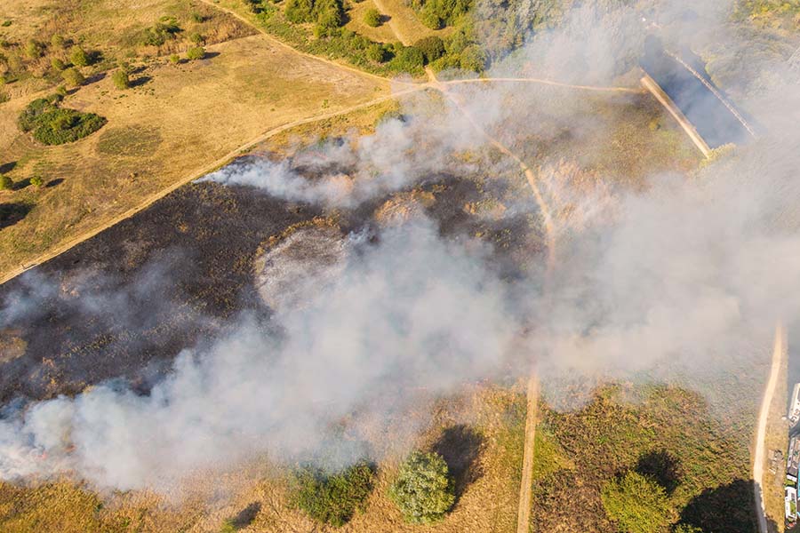An aerial photo capturing a wildfire at Rammey Marsh in North London, with thick smoke rising and bright flames burning through dry grassland.