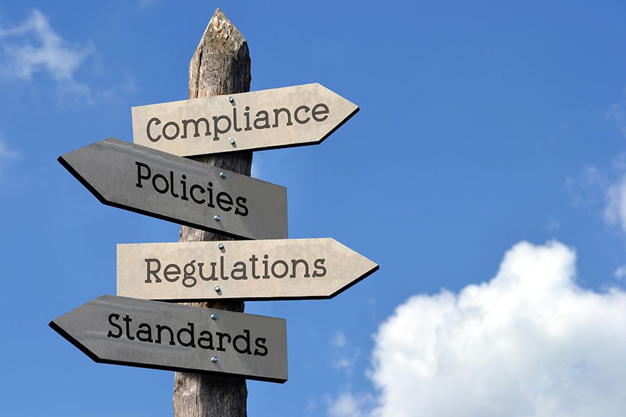 A signpost with the words compliance, policies, regulations and standards pointing in different directions