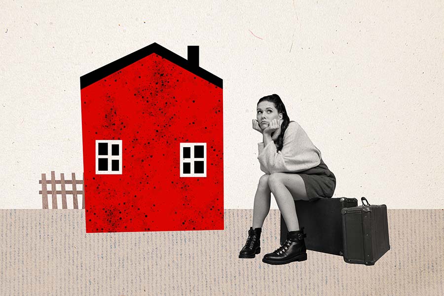 A composite image of a young woman sitting on suitcases outside a house looking annoyed
